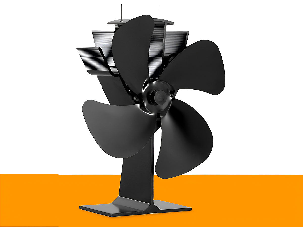 Stove fan blades spinning to circulate warm air