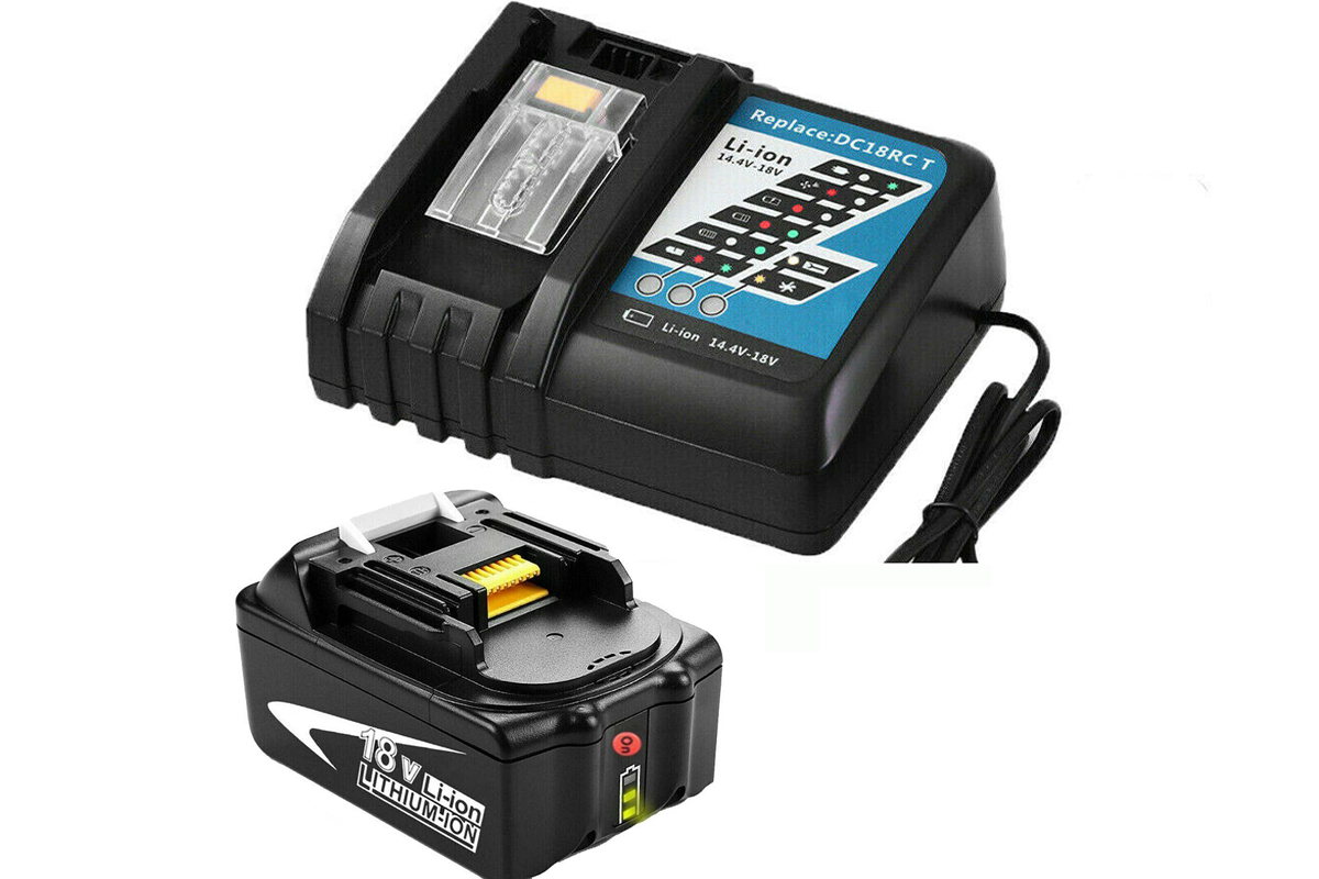 Close up of Makita 18V lithium ion battery terminals