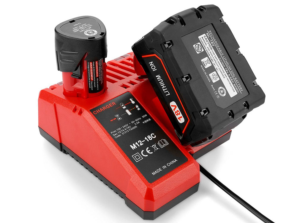 Milwaukee charger M12-18C with M18 battery attached for charging