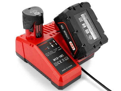 Milwaukee charger M12-18C with M18 battery attached for charging