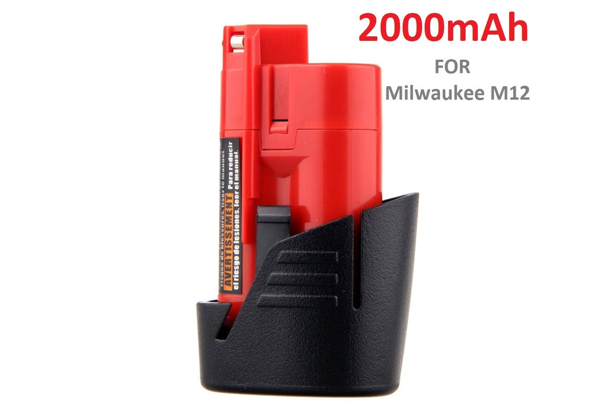 Close-up of Milwaukee M12 12V 2Ah battery terminals for tool connection
