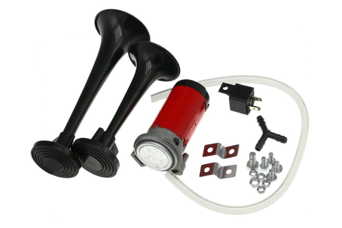 Close up of chrome large trumpet on dual air horn 12V set