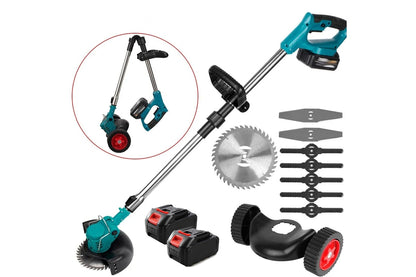 Close up of grass cutter alloy blade on cordless lawn mower