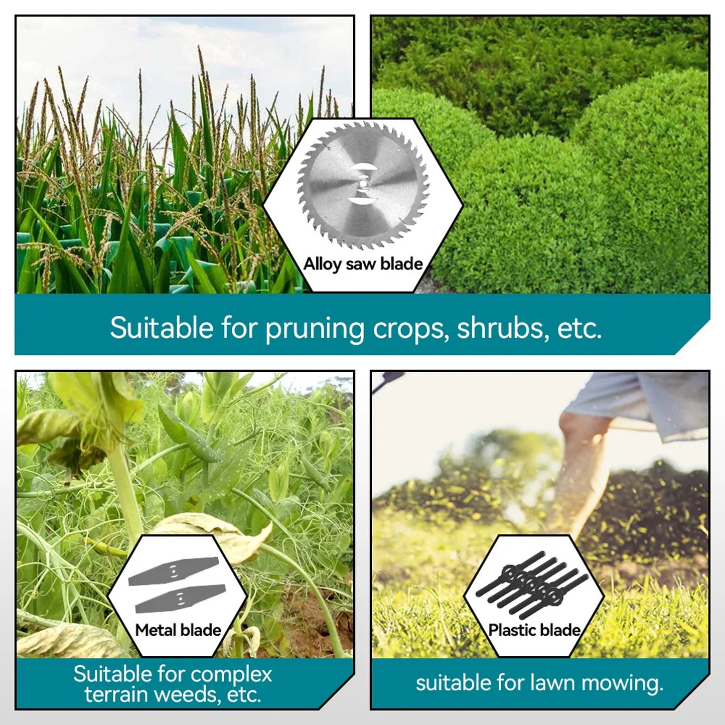 Cordless lawn mower grass cutter with saw blade accessory attached