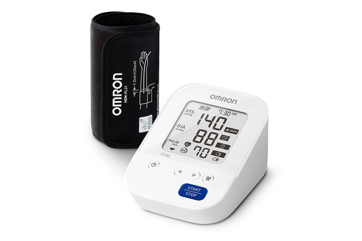 Side view of Omron blood pressure monitor HEM7156 with cuff attached