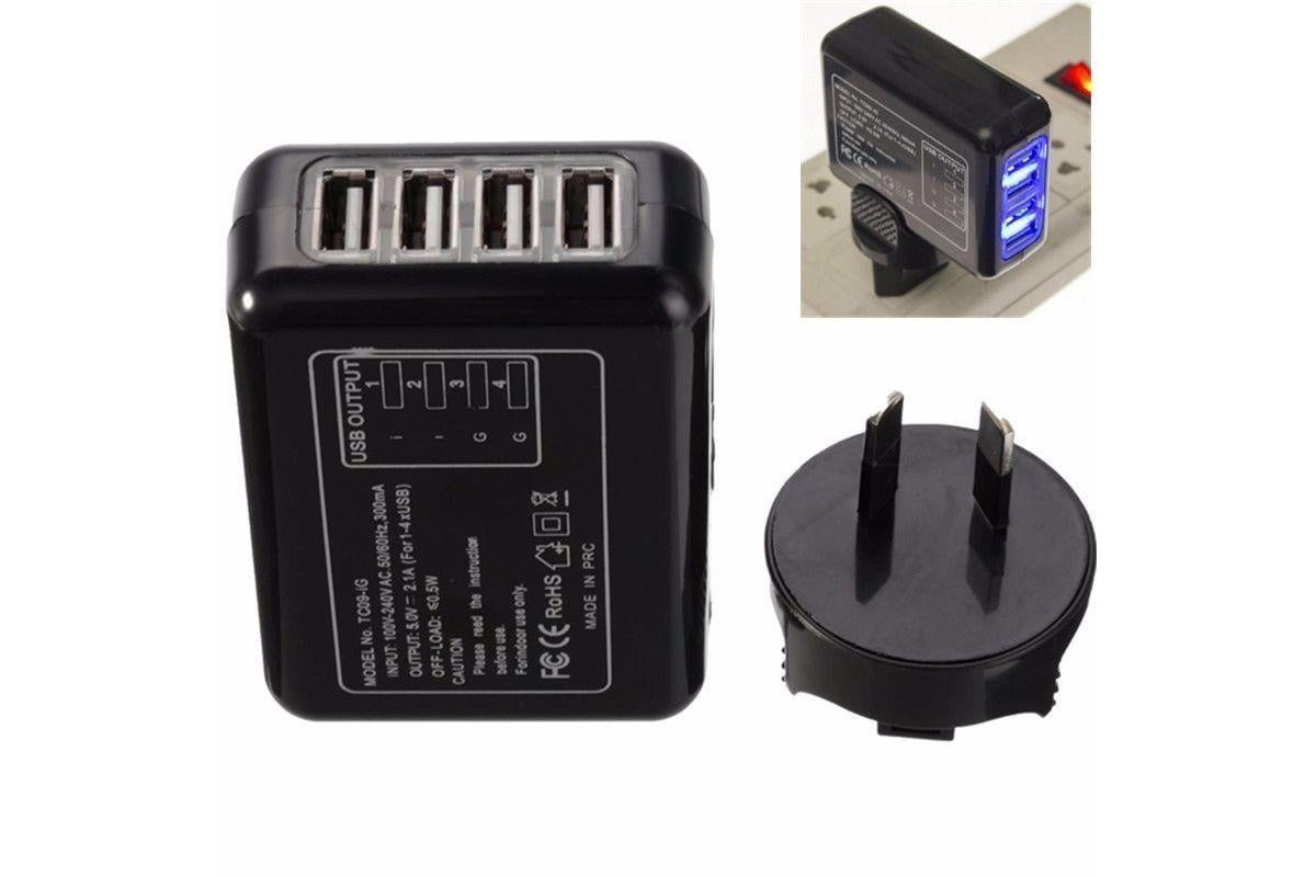 Side angle of USB 4 port wall charger showing compact size