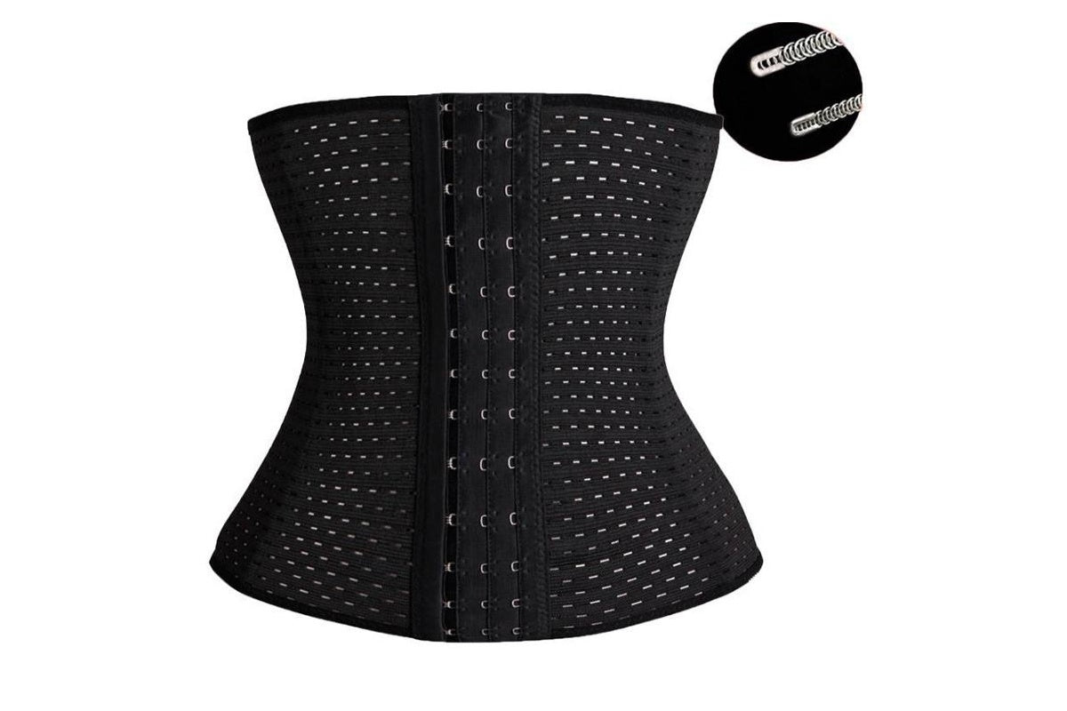 Close up of black neoprene material on waist trainer corset XL