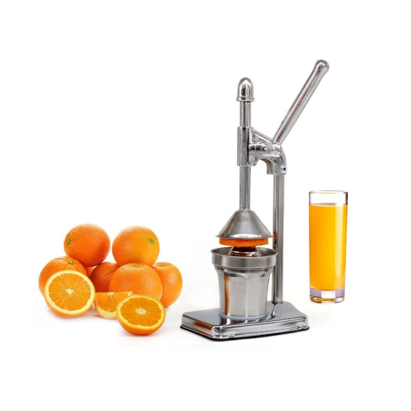 Manual hand press juicer showing stainless steel body
