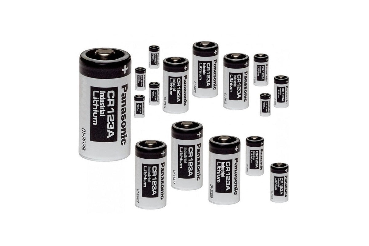 Top angle of CR123A Panasonic battery with clear label