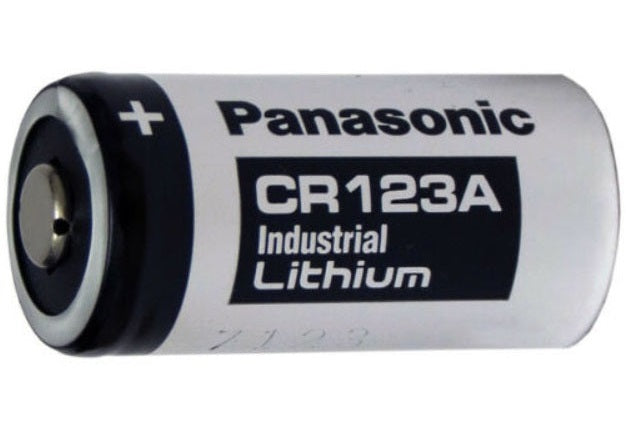 Side view of CR123A Panasonic battery with clear voltage marking