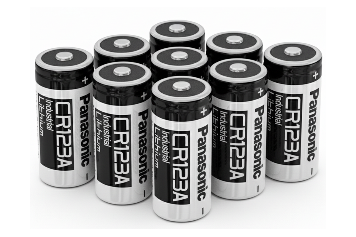 Close up of CR123A Panasonic battery with voltage and capacity details