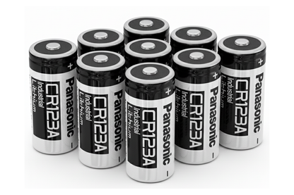 Close up of CR123A Panasonic battery with voltage and capacity details