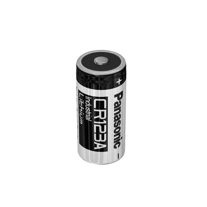 CR123A Panasonic battery side view showing compact size