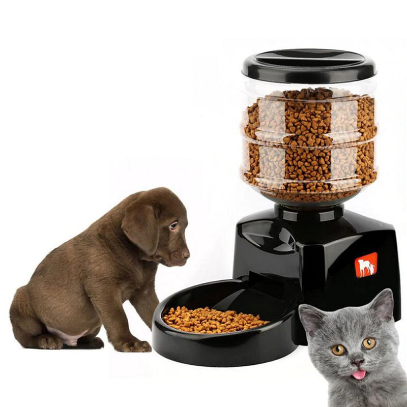 Automatic pet feeder showing large 55 litre food hopper in black