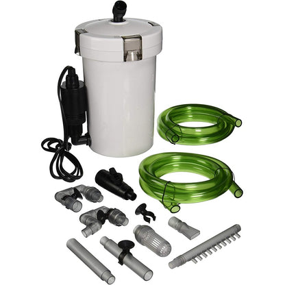 Aquarium filter external canister showing front view with hoses attached