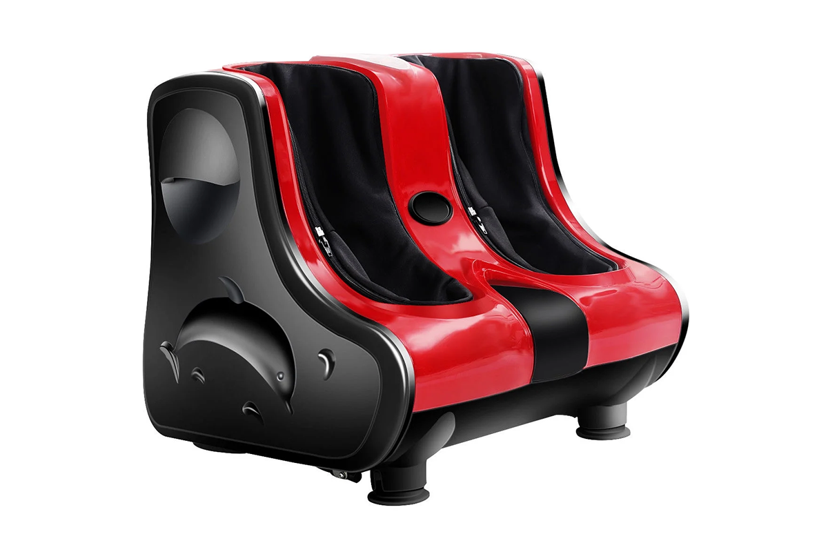 Side angle of leg massager highlighting shiatsu rollers