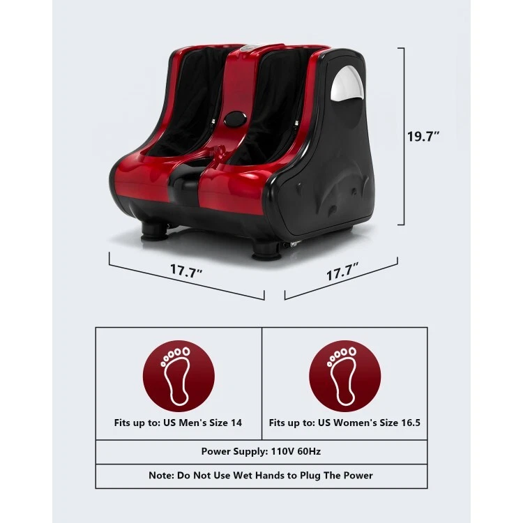 Top view of leg massager showing size and foot compatibility