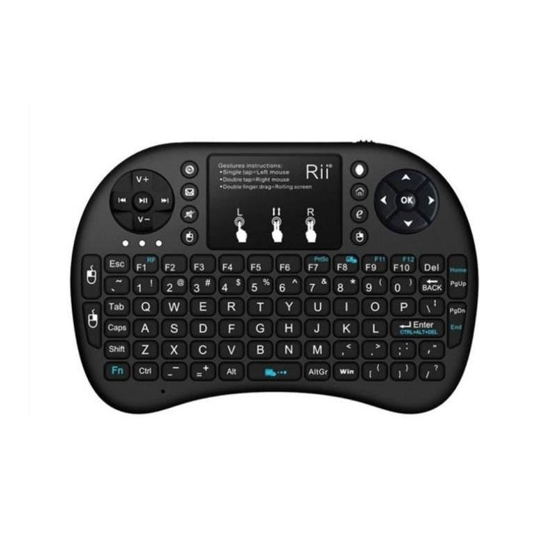Mini wireless keyboard with touchpad showing compact size