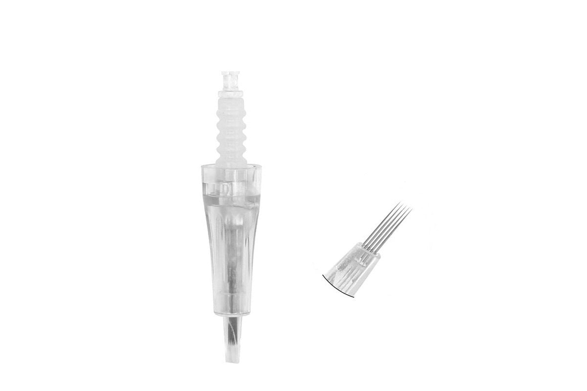 Side view of derma pen needles cartridge 5 pin in clear plastic case
