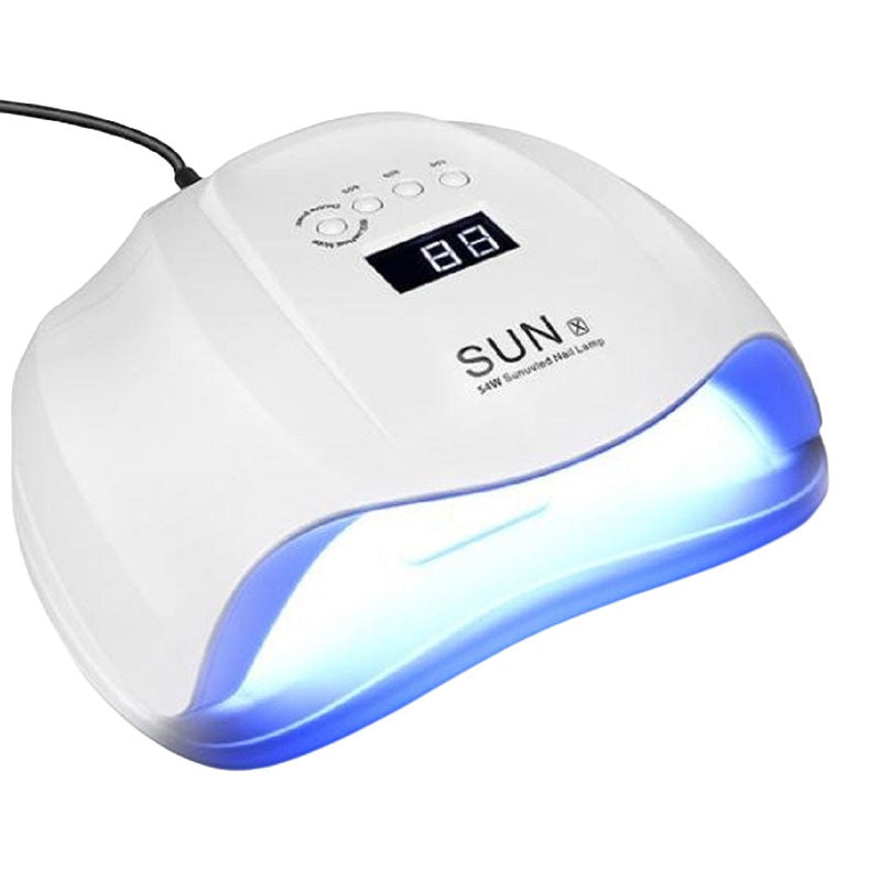 Nail dryer LED 54W UV lamp showing front angle with LCD screen