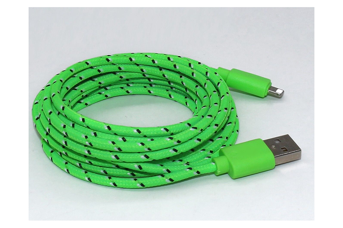 Close-up of iPhone charger cable Lightning connector in green