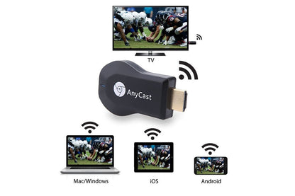 Side angle of Anycast Miracast M4 Plus TV Stick with USB cable attached