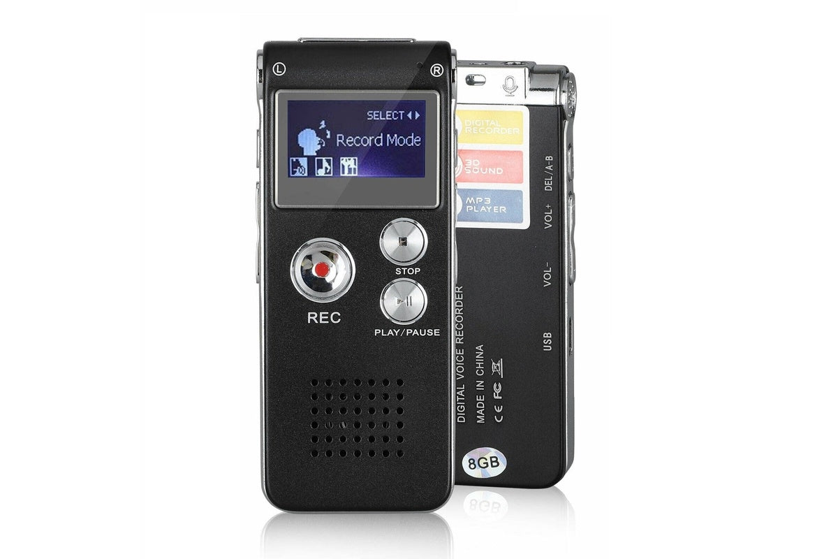 Close up of voice recorder grey colour with LCD display