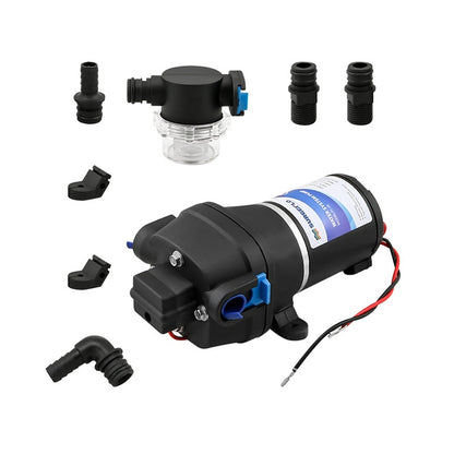 Self priming water pump 12V 35PSI side view showing compact design