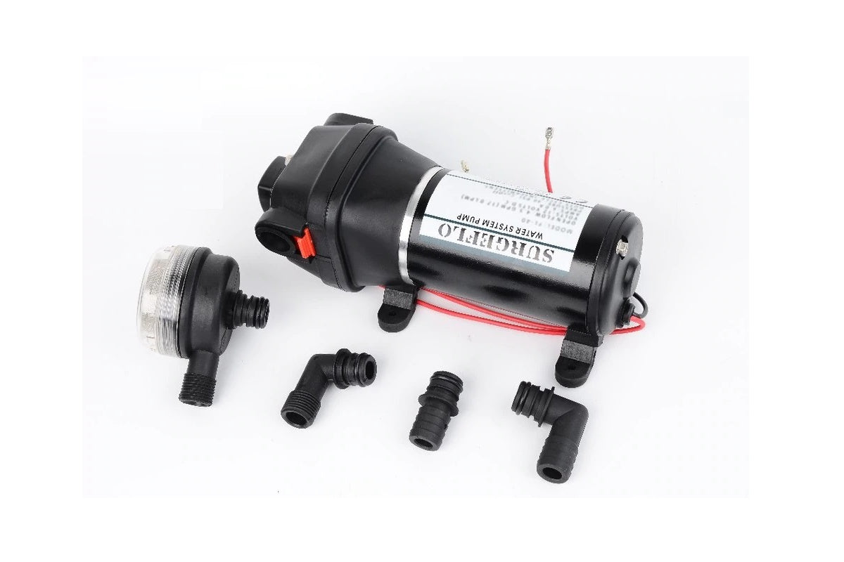 Close up of diaphragm water pump 12V with connection fittings