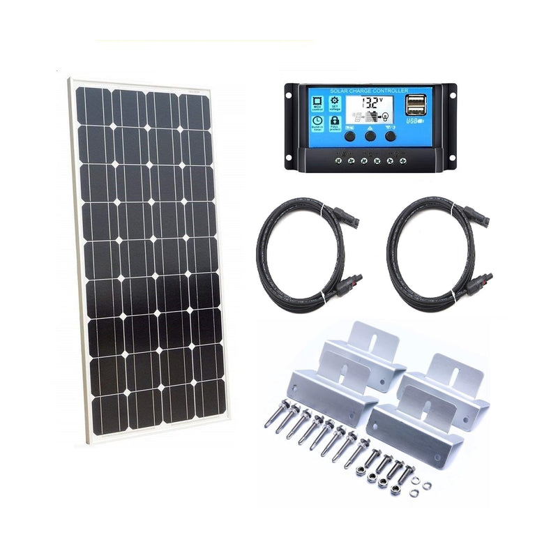 100W solar panel kit showing silver frame and mono crystalline cells