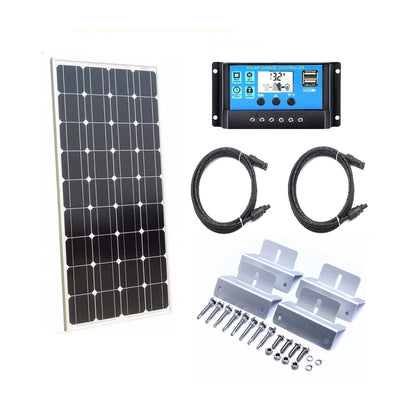 100W solar panel kit showing silver frame and mono crystalline cells