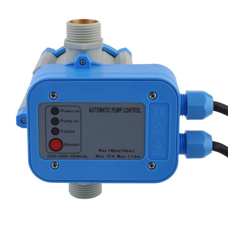 Water pump controller showing blue and black casing