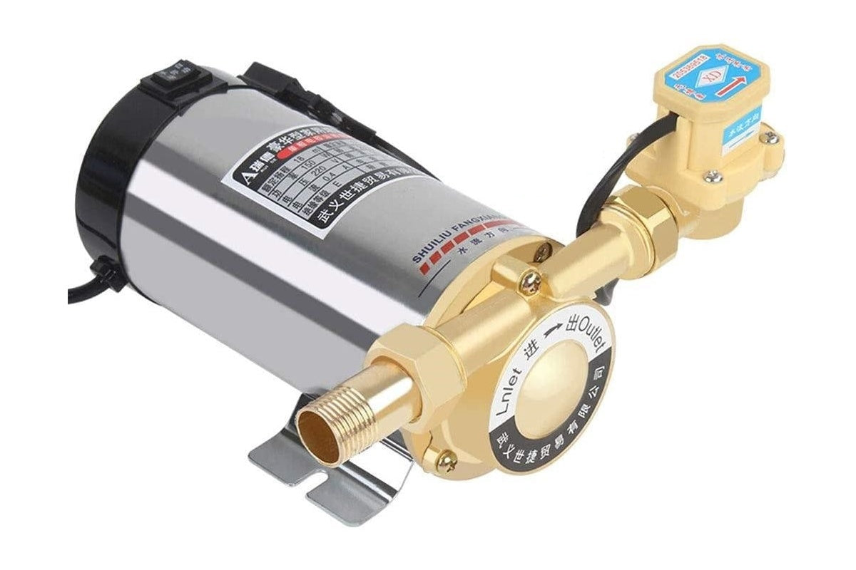 Close up of hot water booster pump 120W copper fittings