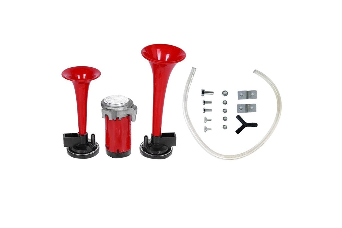 Side view of dual air horn 12V showing trumpet length