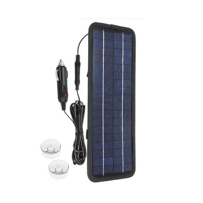 Solar car battery charger 12V showing front panel and solar cells