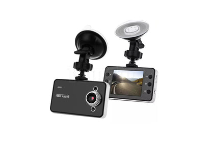 Side angle of car dash camera with wide-angle lens visible