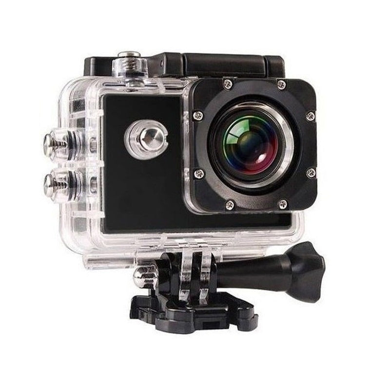 Waterproof action camera front view showing 2 inch LCD screen