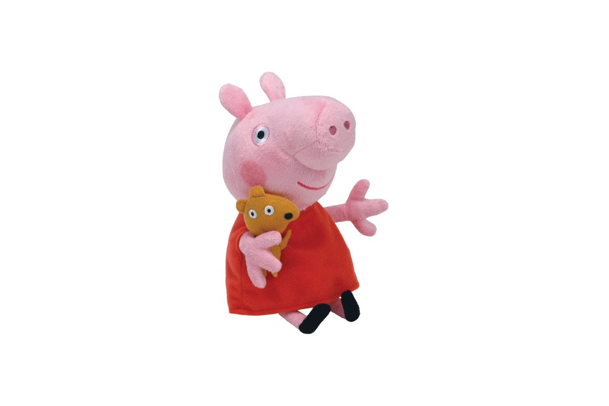 Side angle of Peppa Pig doll soft toy showing soft stuffing