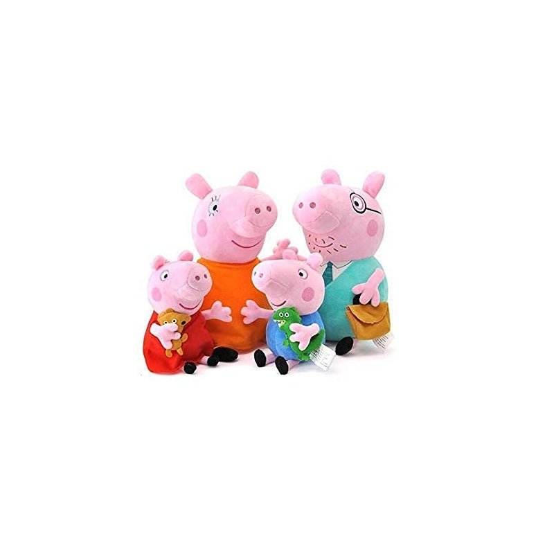 Peppa Pig Family plush toy set showing all four colourful dolls