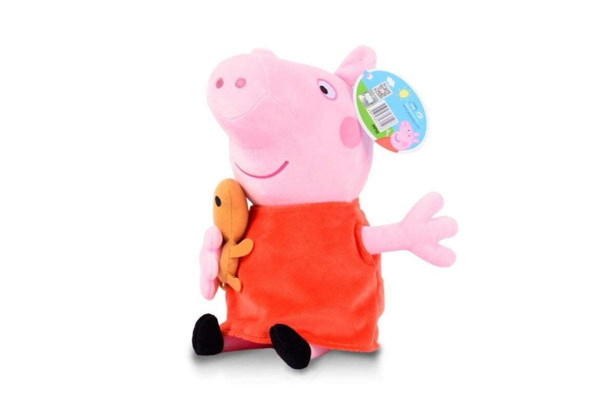 Side angle of Peppa Pig mummy doll soft toy showing soft fabric