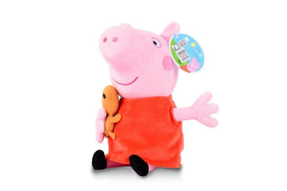 Side angle of Peppa Pig mummy doll soft toy showing soft fabric