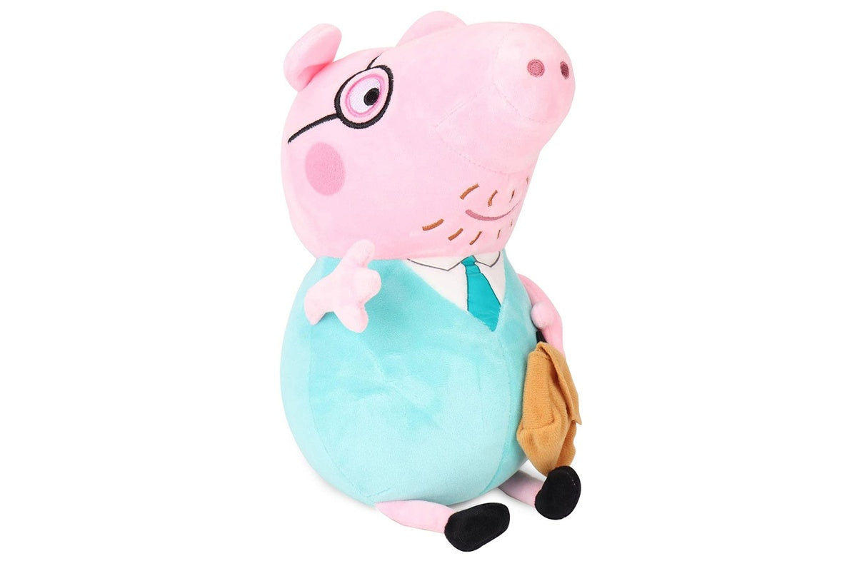 Side angle of Peppa Pig Daddy Doll soft toy showing soft fabric