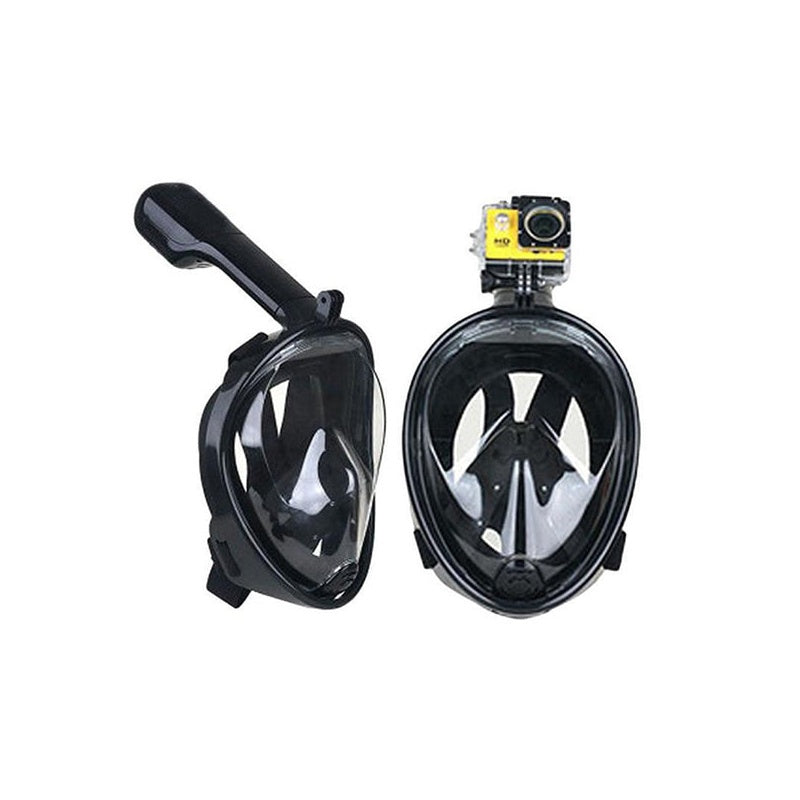 Snorkel mask full face black front view showing wide lens