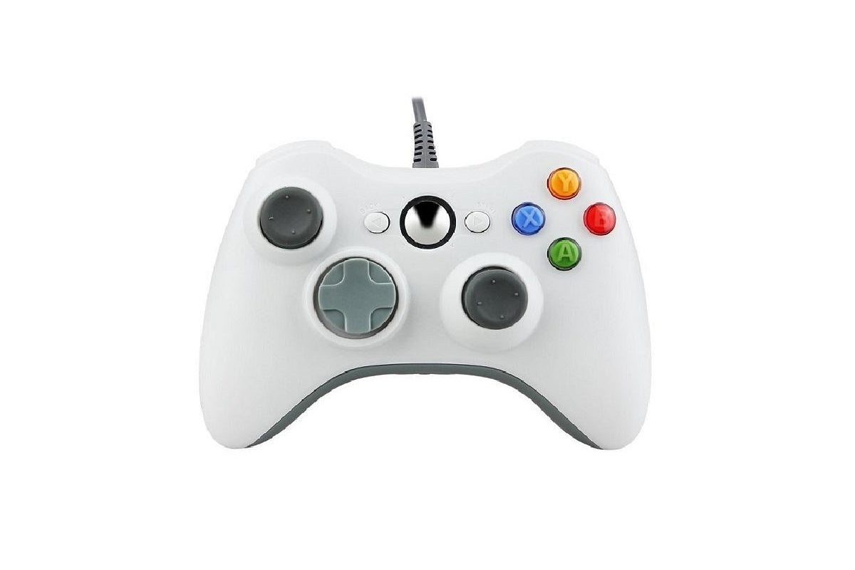 Side angle of white Xbox 360 wired controller showing buttons