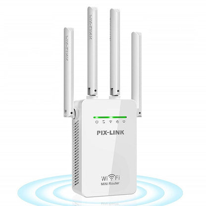 Wifi repeater extender booster showing front view with white casing