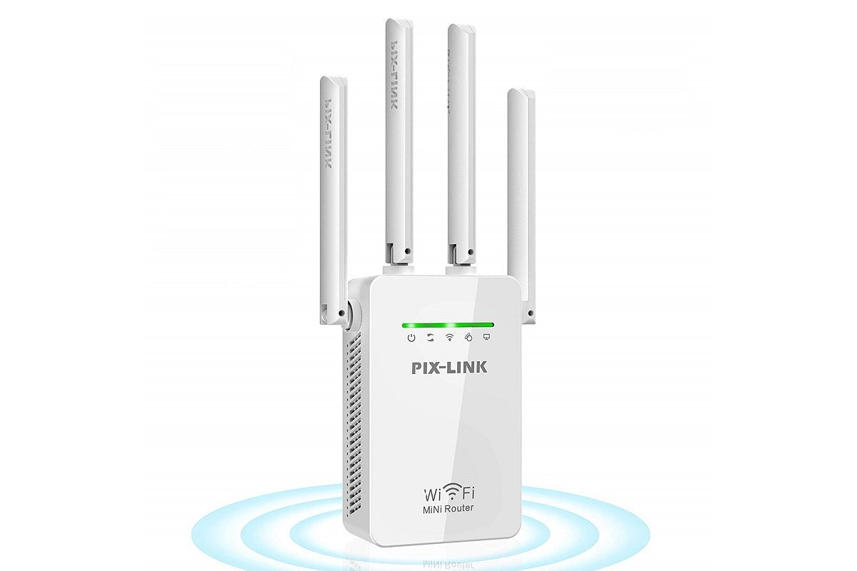 Side angle of wifi repeater extender booster highlighting four external antennas
