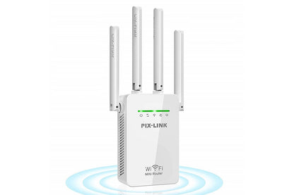 Side angle of wifi repeater extender booster highlighting four external antennas