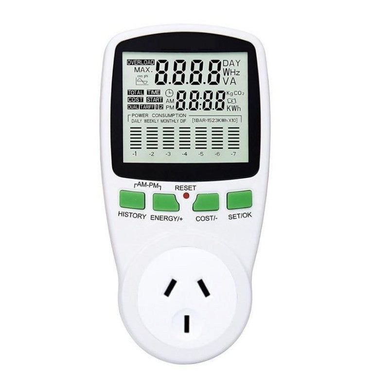 Power meter monitor NZ plug front view with LCD display