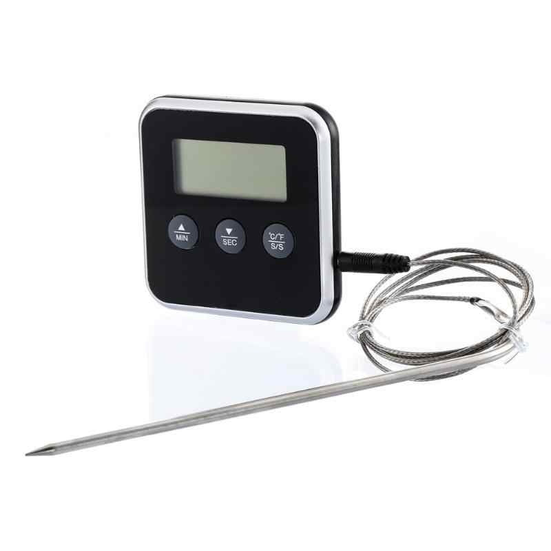 Digital meat thermometer showing clear LCD display in black