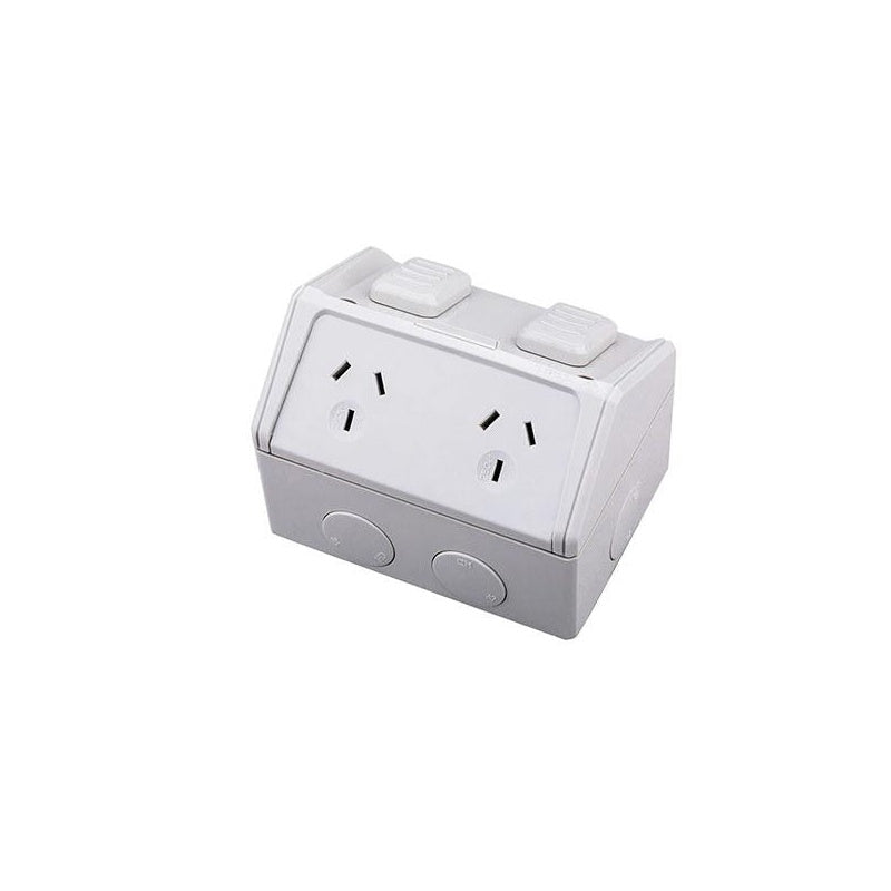 Weatherproof double power point showing resistant grey colour